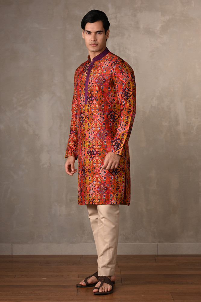 Yellow-Multicolour Festive Mosaic Silk Kurta