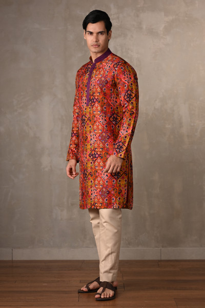 Yellow-Multicolour Festive Mosaic Silk Kurta
