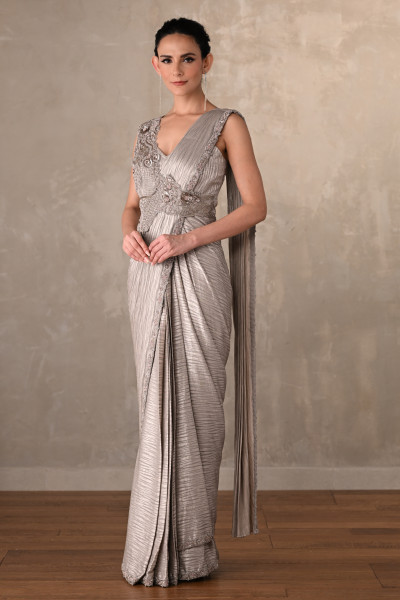 Moonlight Mist Embellished Satin Draped Gown
