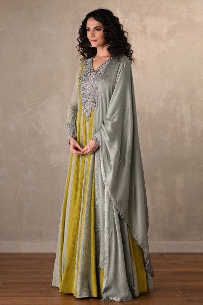 Olive & Sage Striped Organza Crush Anarkali With Silver Embroidery