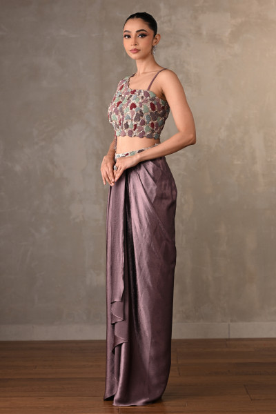 Mauve Embellished Asymmetric Satin Co-Ord Set