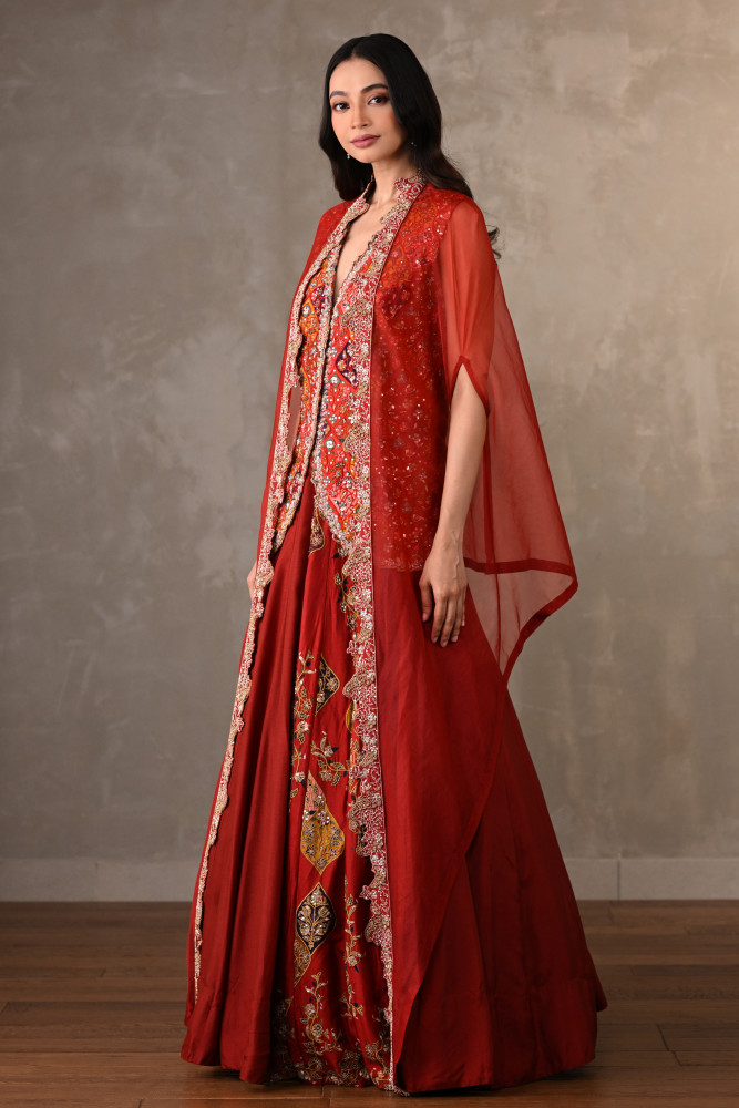 Red Multicolour Threadwork Embroidered Lehenga Set