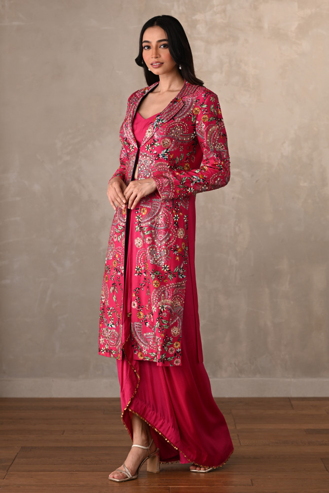 Rani Silk Draped Skirt Set With Embroidered Long Jacket