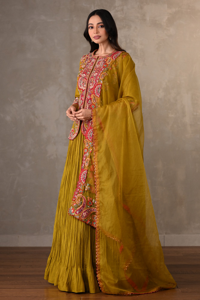 Mustard Rouge Crushed Organza Lehenga Set