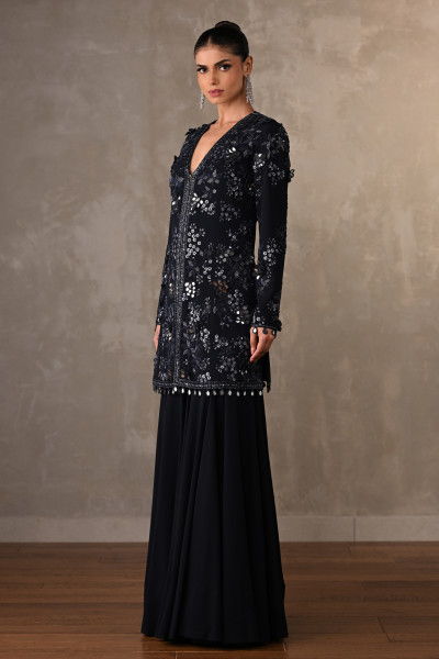 Navy Blue Georgette Embellished Top With Wide-Leg Pants