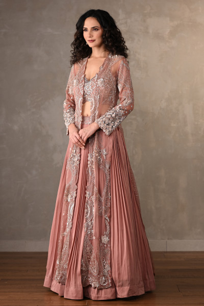 Rosewood Radiance Embellished Skirt Set With Cape