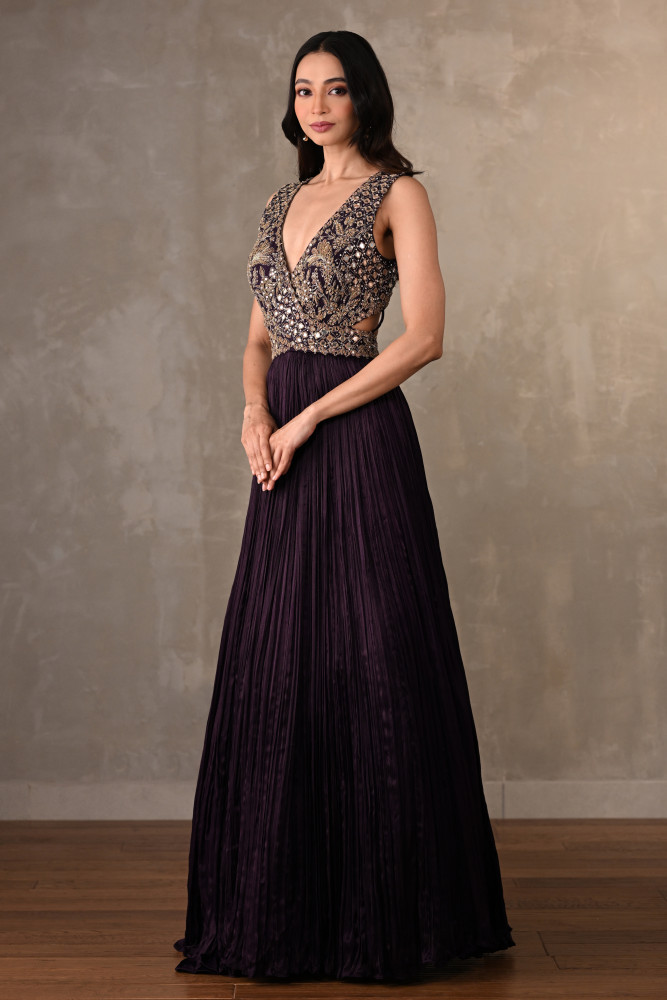Moss Mirror Embroidered Pleated Gown