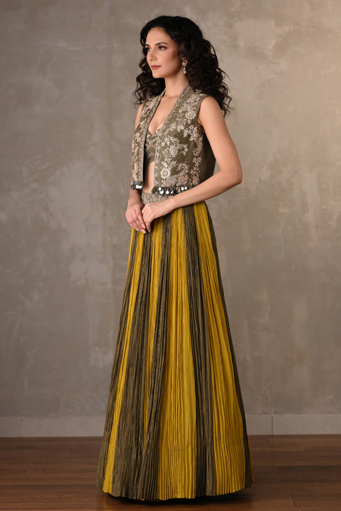 Yellow-Mehndi Luxe Panelled Lehenga Set