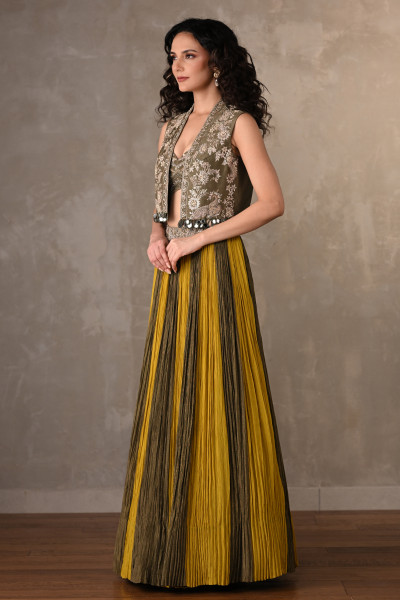 Yellow-Mehndi Luxe Panelled Lehenga Set