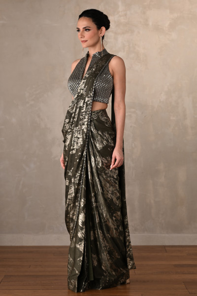 Olive Lustre Foil Drape Saree