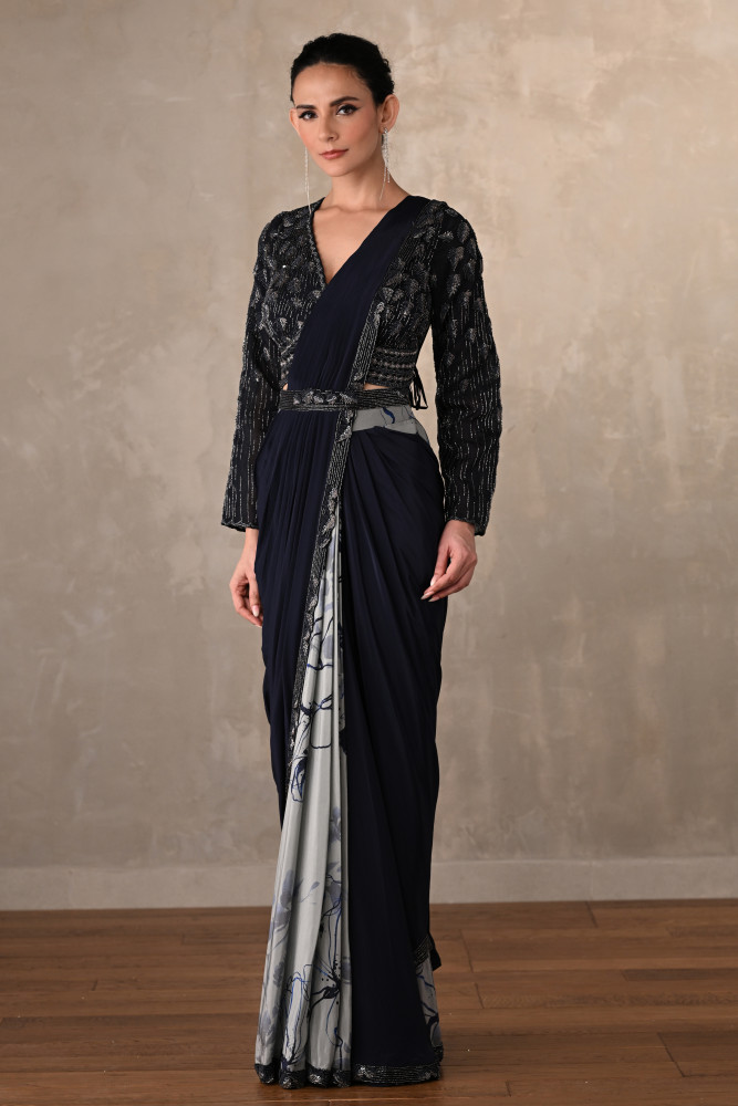Noir Bloom Belted Crepe Drape Saree