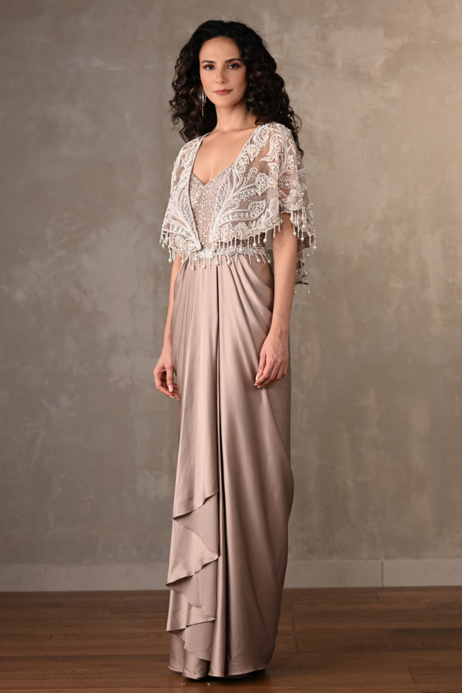 Blush Corset-Style Gown With Embroidered Cape