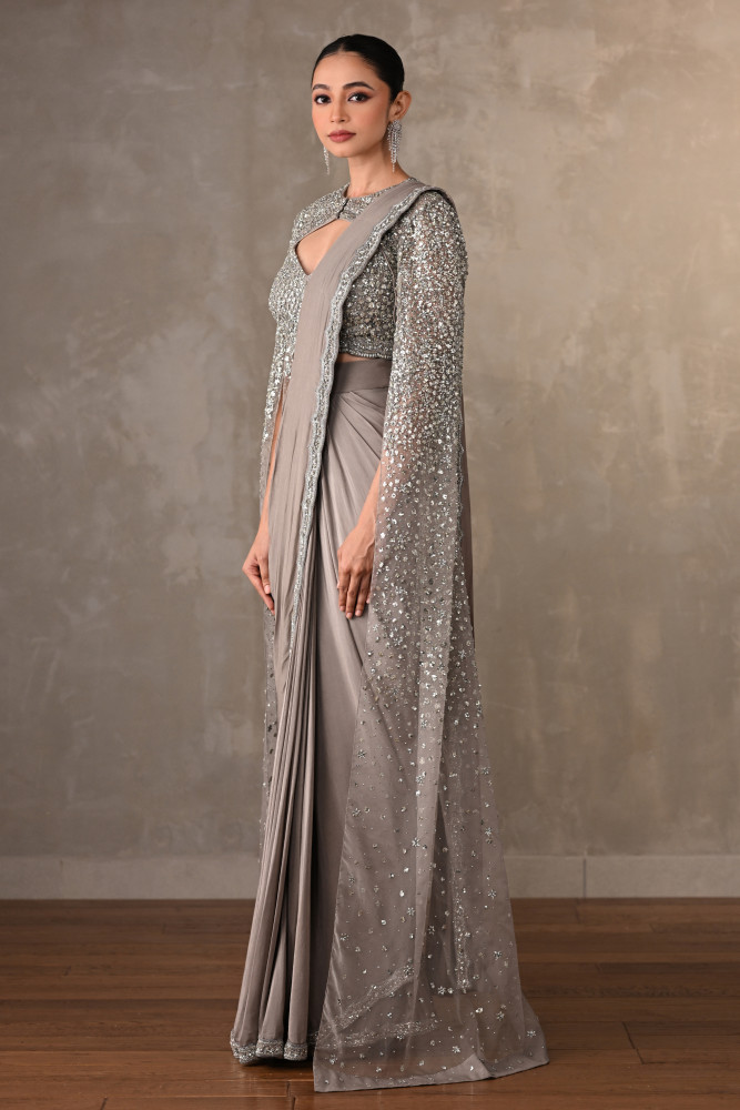 Starlit Silver Drape Saree Set