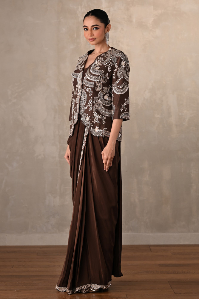 Smoky Crepe Drape Saree With Embroidered Jacket