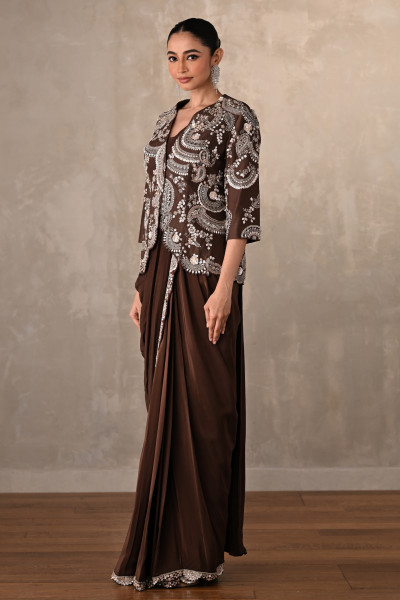 Smoky Crepe Drape Saree With Embroidered Jacket