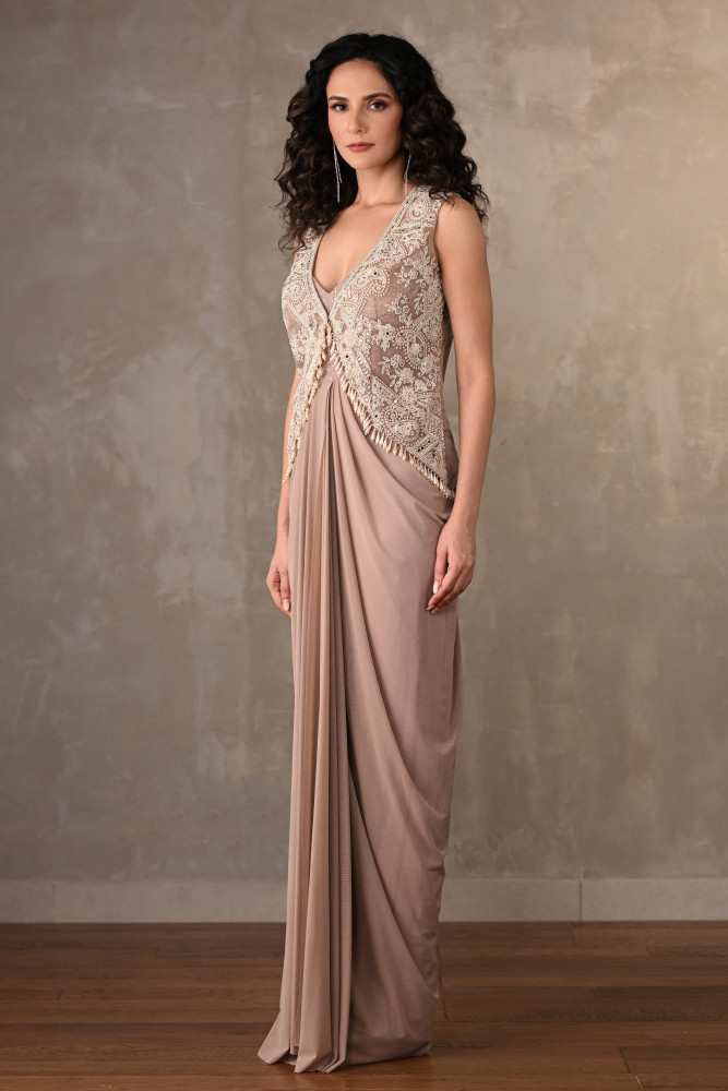 Beige Embellished Gown With Short Jacket