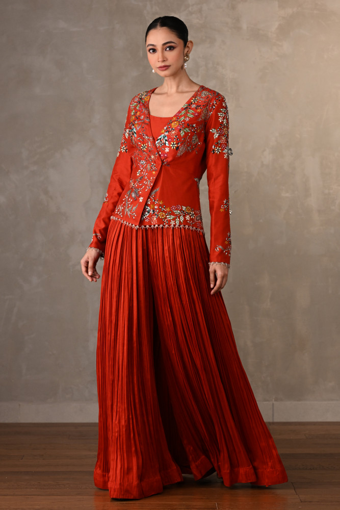 Brick Red Bloom Embellished Jacket With Pleated Pants