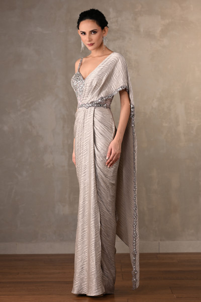 Satin Silver Saree Gown