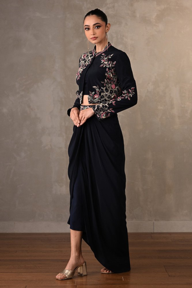 Noir Bloom Embellished Crepe Draped Skirt Set