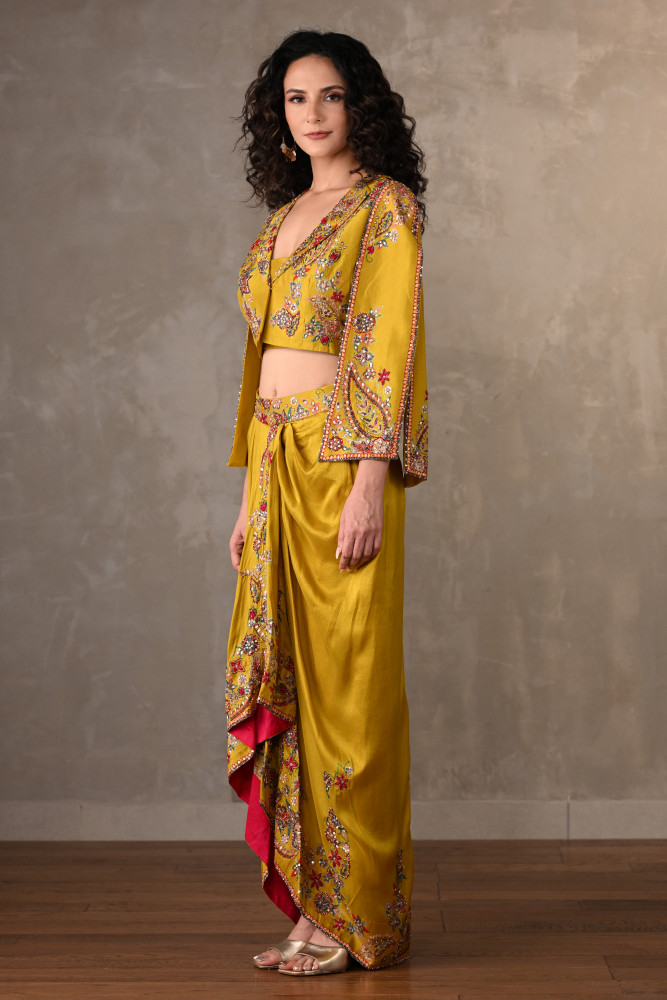 Mustard Marigold Embellished Silk Cropped Jacket Set