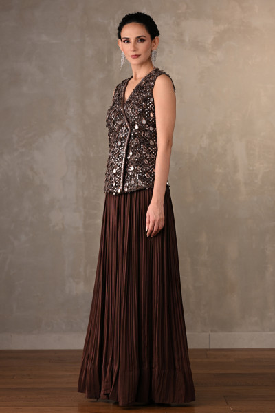 Mocha Radiance Mirror Work Crepe Top With Pleated Pants