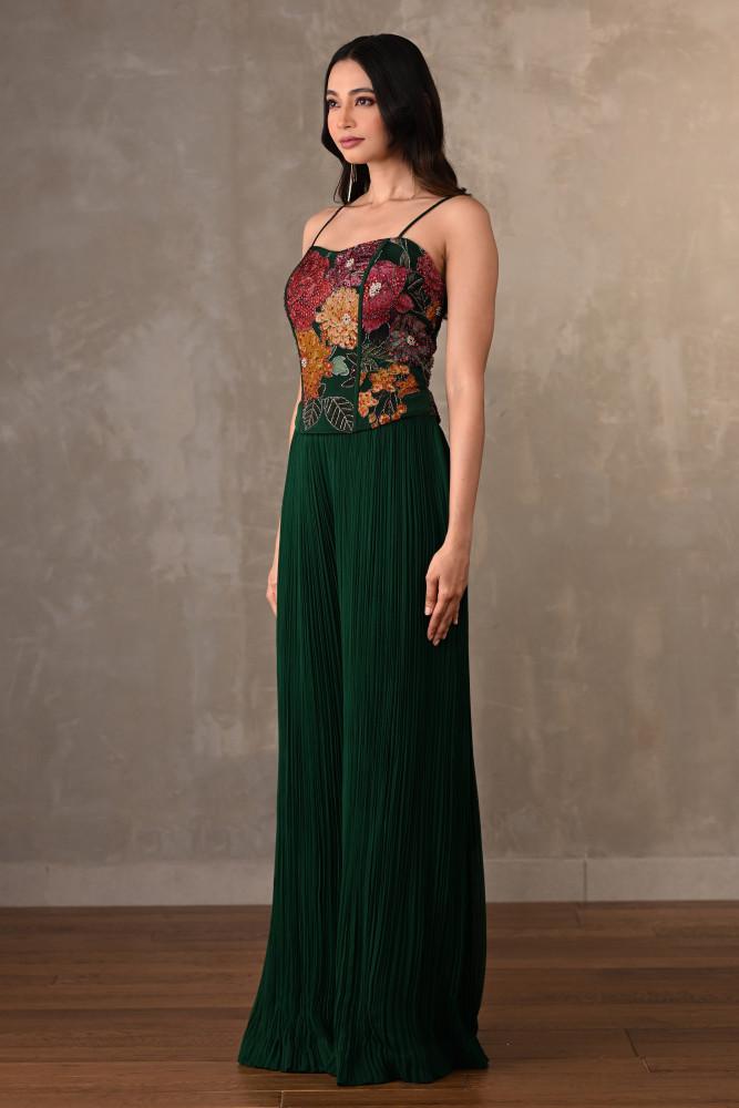 Emerald Bloom Printed Top With Pleated Georgette Pants