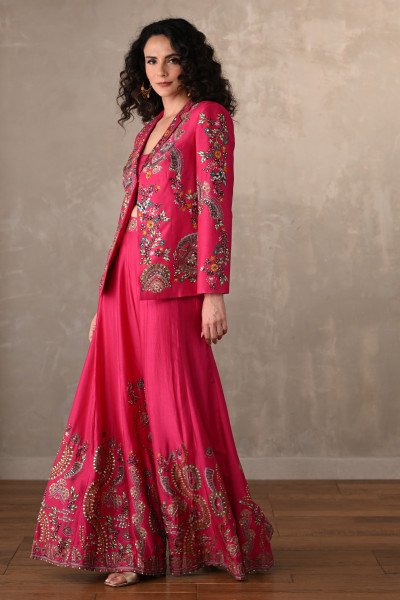 Rani Silk Jacket And Sharara Set With Intricate Embroidery