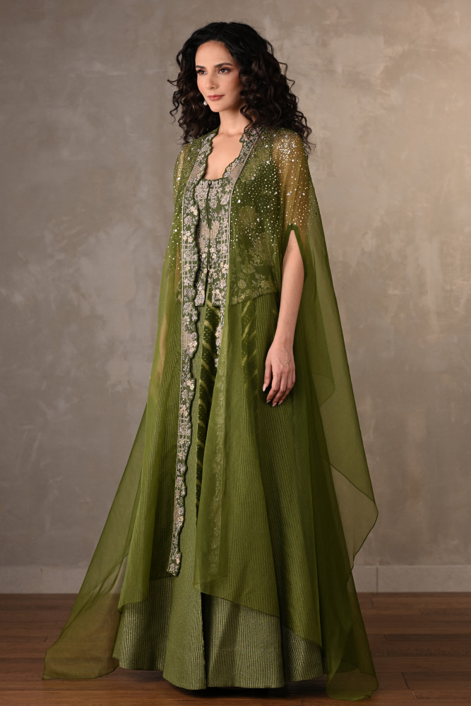 Green Regal Brocade Cape Lehenga Set