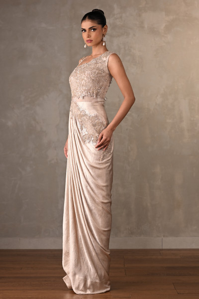 Embellished Satin Drape Gown With Pearl Detailing