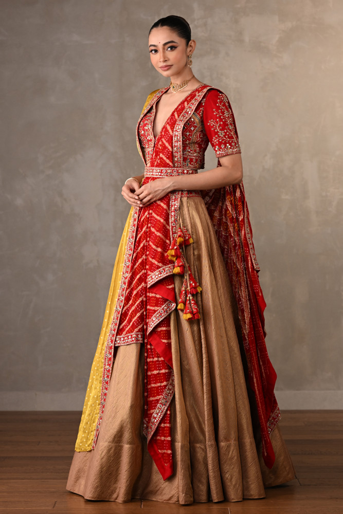 Golden Banarasi Lehenga Set With Double Dupatta