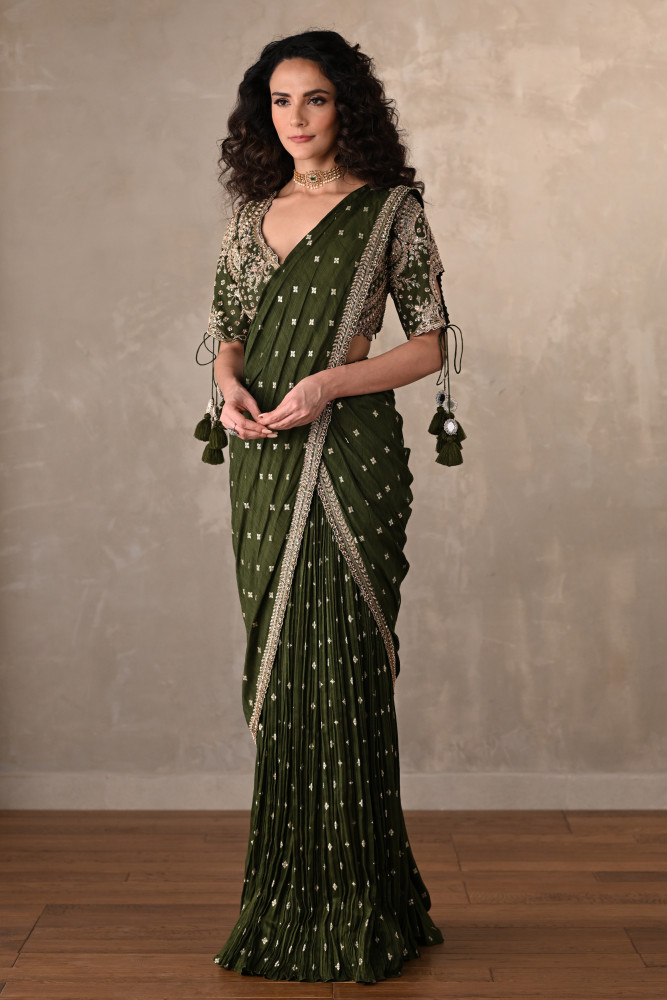 Olive Zari Tassel Drape Saree