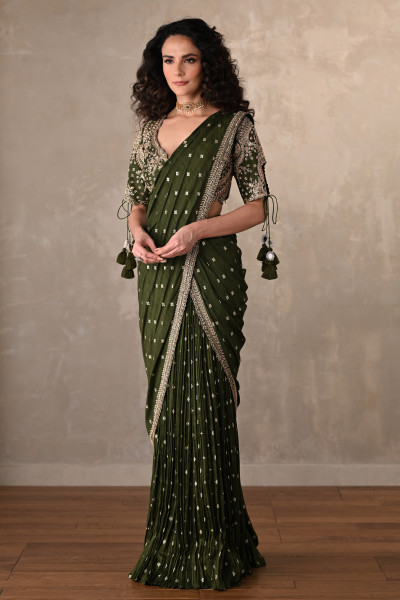 Olive Zari Tassel Drape Saree