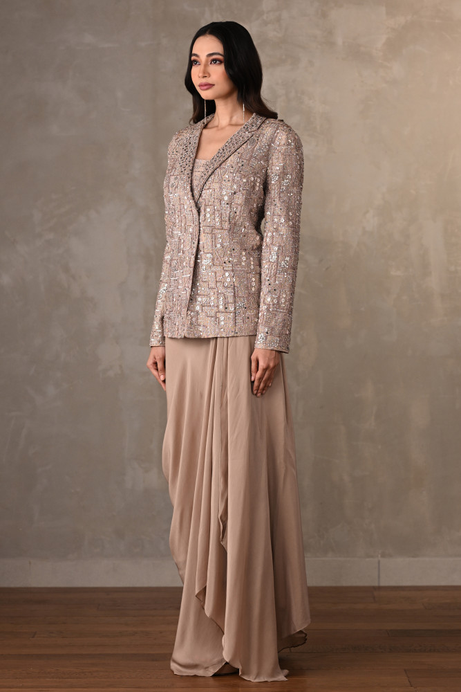 Champagne Mirror Work Jacket Set With Draped Skirt