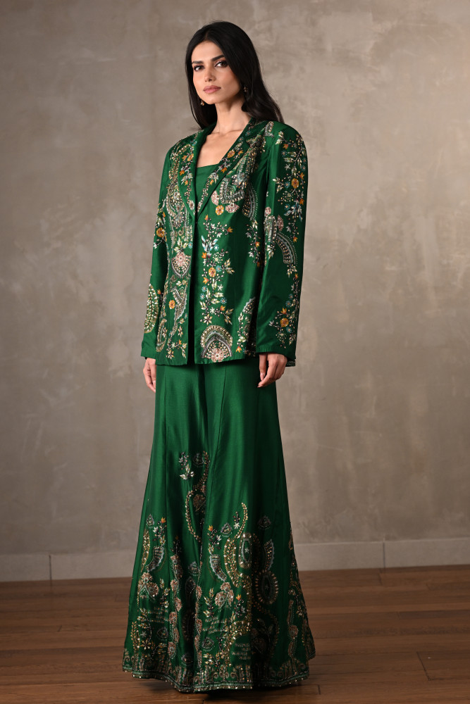 Green Silk Jacket And Sharara Set With Intricate Embroidery