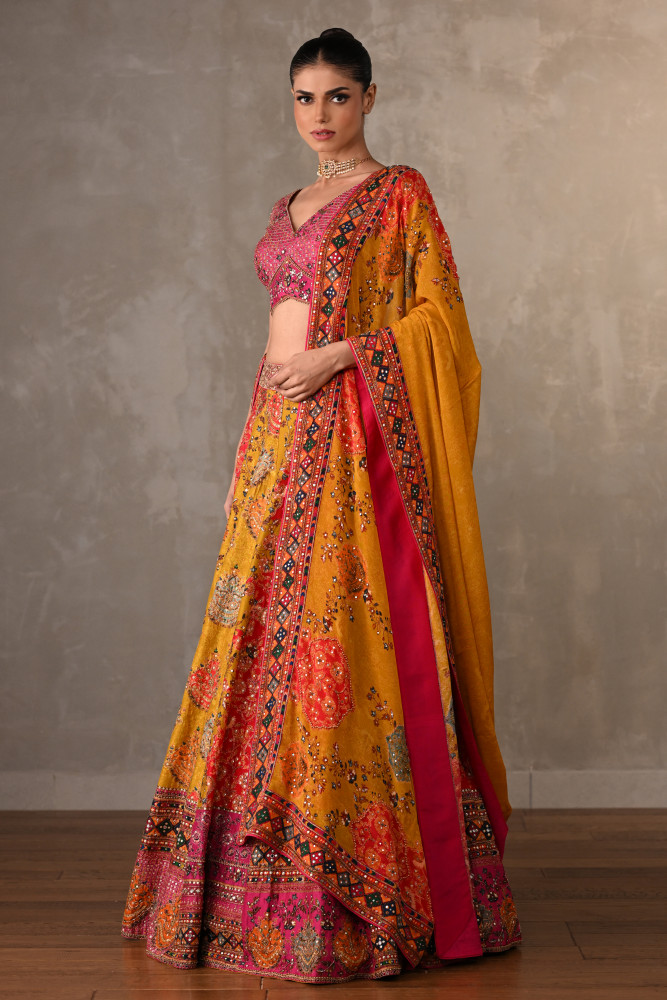 Multicolour Panelled Silk Embroidered Lehenga Set