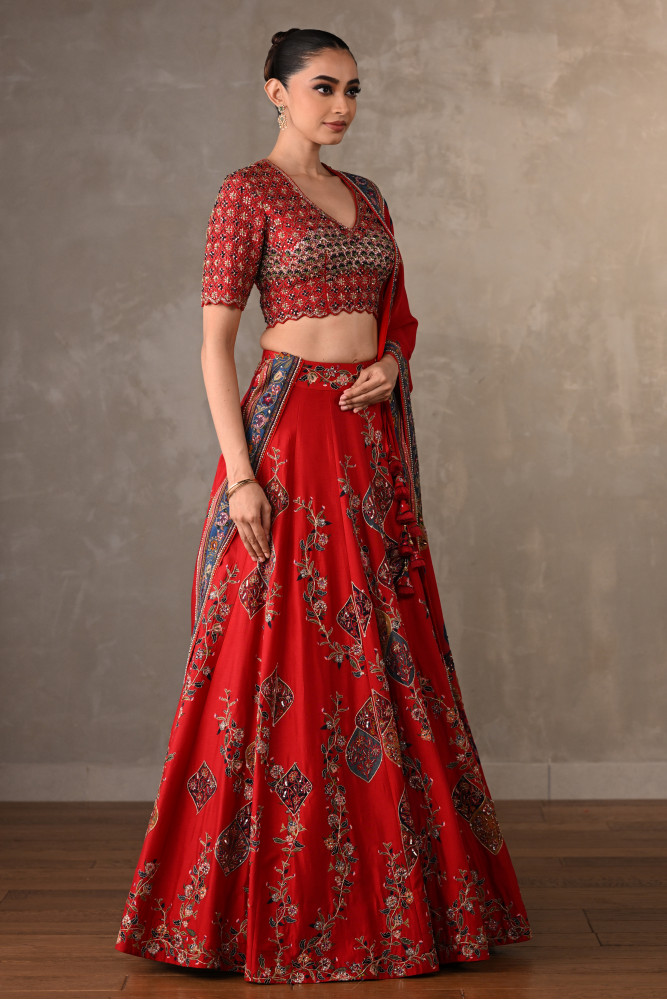 Red Silk Lehenga Set With Thread & Pearl Work