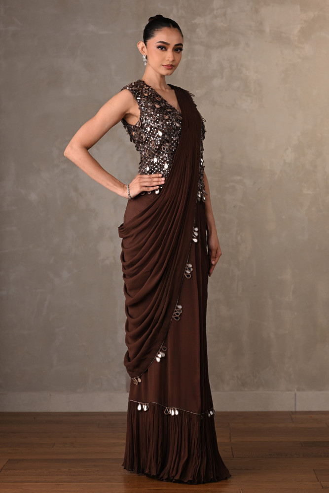 Brown Mirror Work Drape Saree