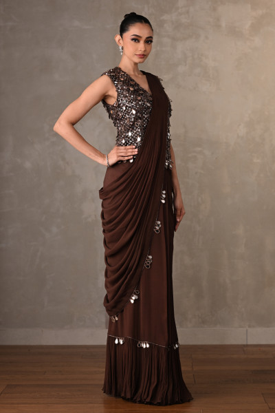 Brown Mirror Work Drape Saree