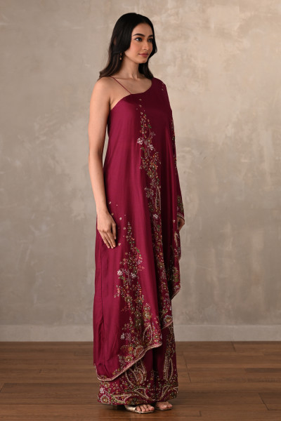 Red Silk One-Shoulder Kurta Set With Embroidered Sharara
