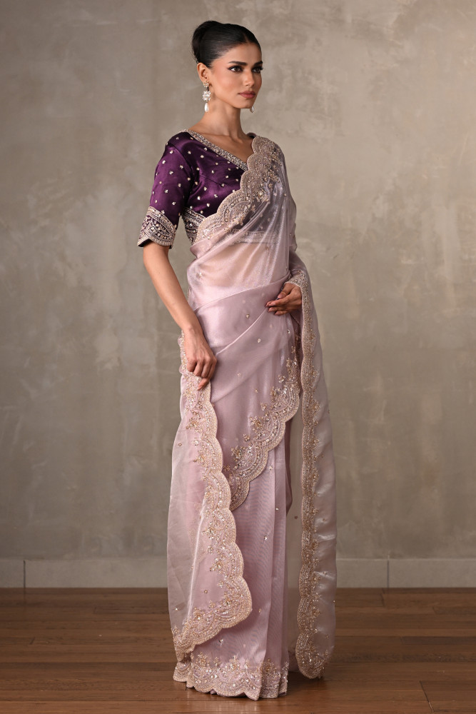 Lavender Organza Saree With Cutdana & Moti Embellishments
