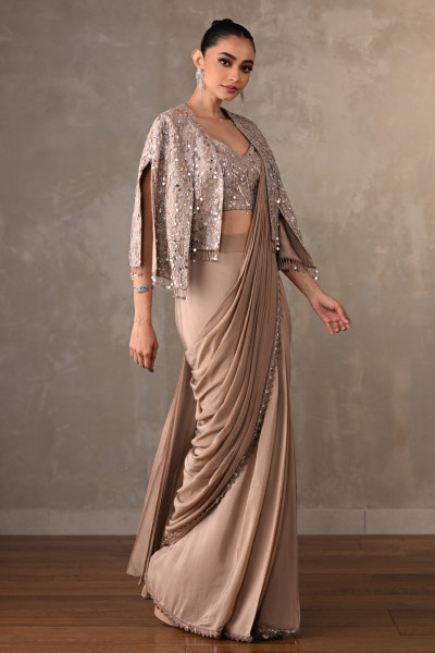 Tone-On-Tone Embroidered Drape Saree With Short Jacket