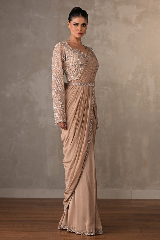 Tone-On-Tone Embroidered Drape Saree