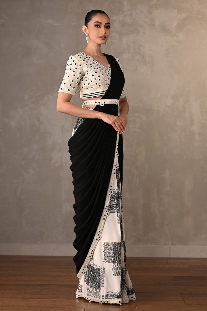 Off White-Black Contrast Floral Drape Saree