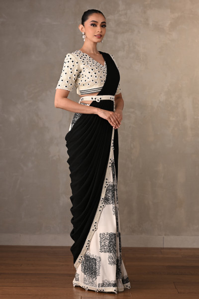 Off White-Black Contrast Floral Drape Saree