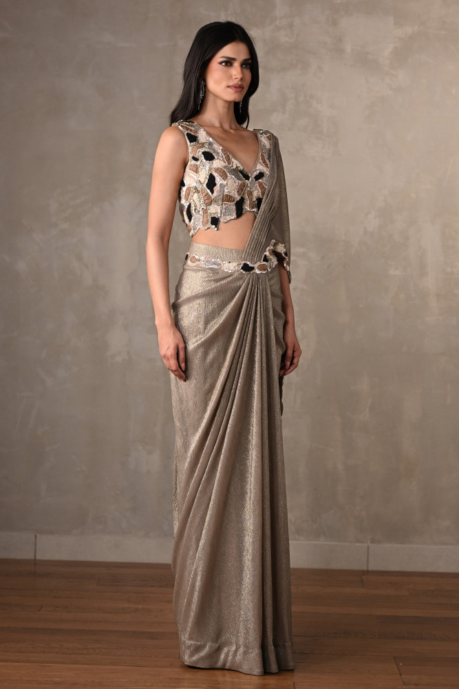 Dusty Grey Embellished Drape Saree Set
