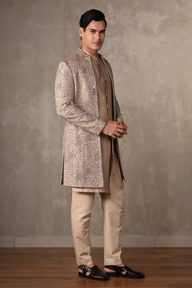 Beige Chanderi Open Jacket Sherwani with Kurta Set