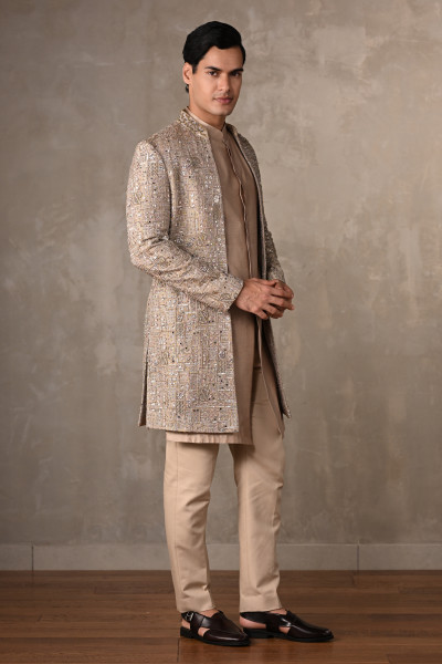 Beige Chanderi Open Jacket Sherwani with Kurta Set