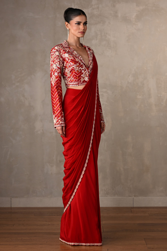 Red Embellished Crepe Drape Saree Set