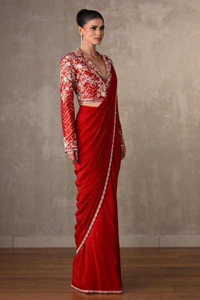 Red Embellished Crepe Drape Saree Set