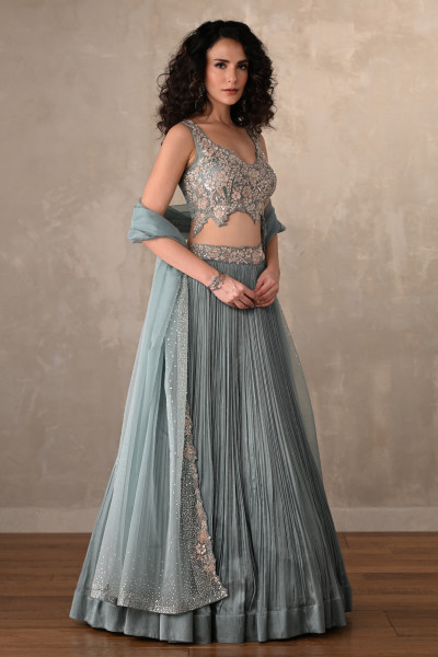 Sky Blue Celeste Satin Chiffon Lehenga Set